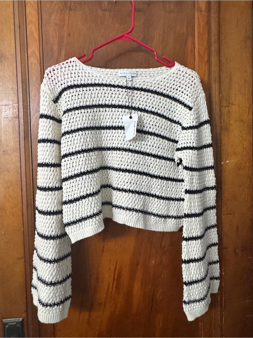 Miou Muse Striped Open-Knit Cropped Sweater - Cream & Black